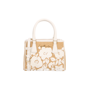 BOLSA MÉDIA EM COURO OFF WHITE E RÁFIA BORDADA