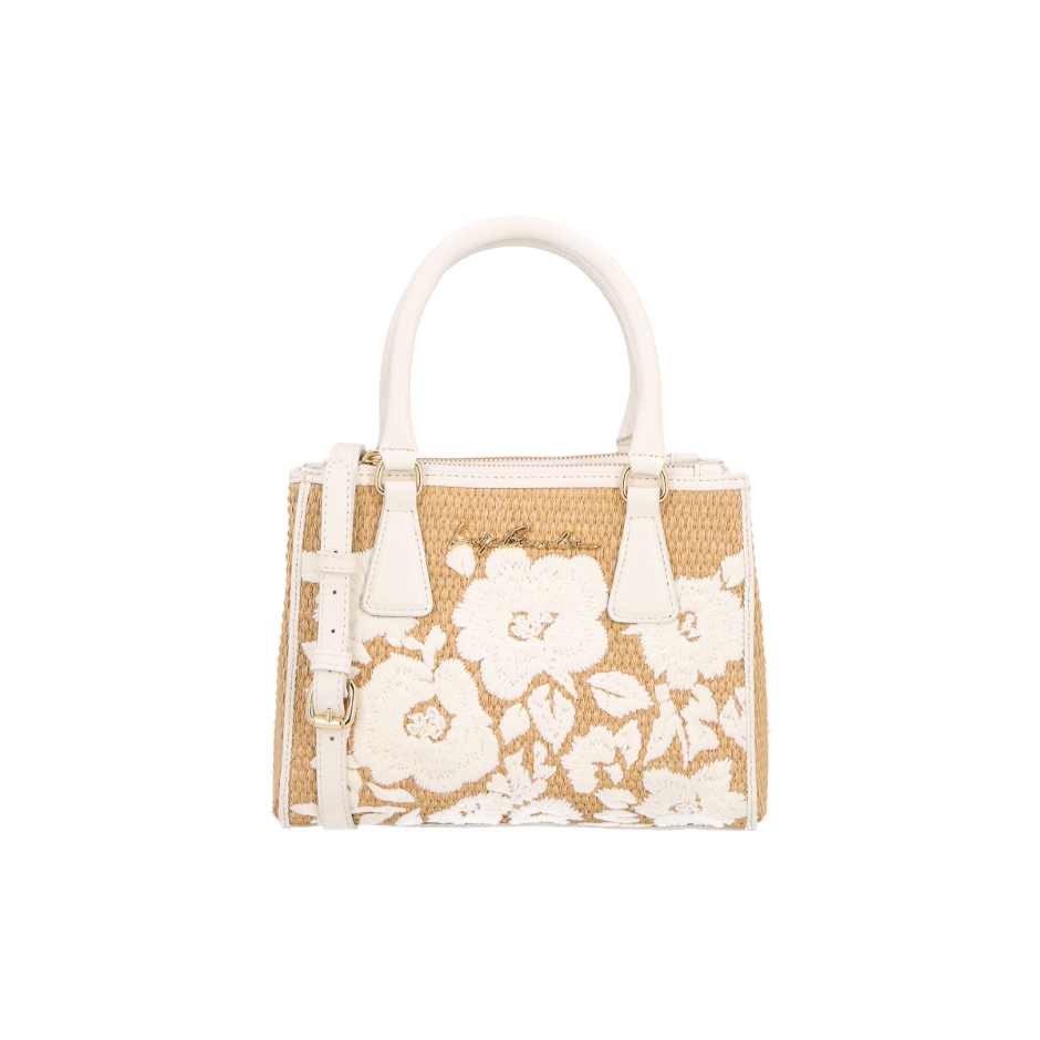 BOLSA MÉDIA EM COURO OFF WHITE E RÁFIA BORDADA