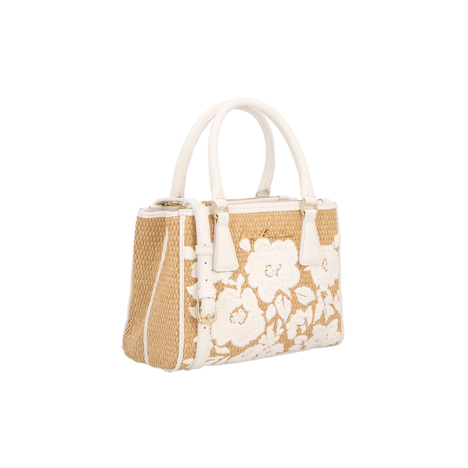 BOLSA MÉDIA EM COURO OFF WHITE E RÁFIA BORDADA