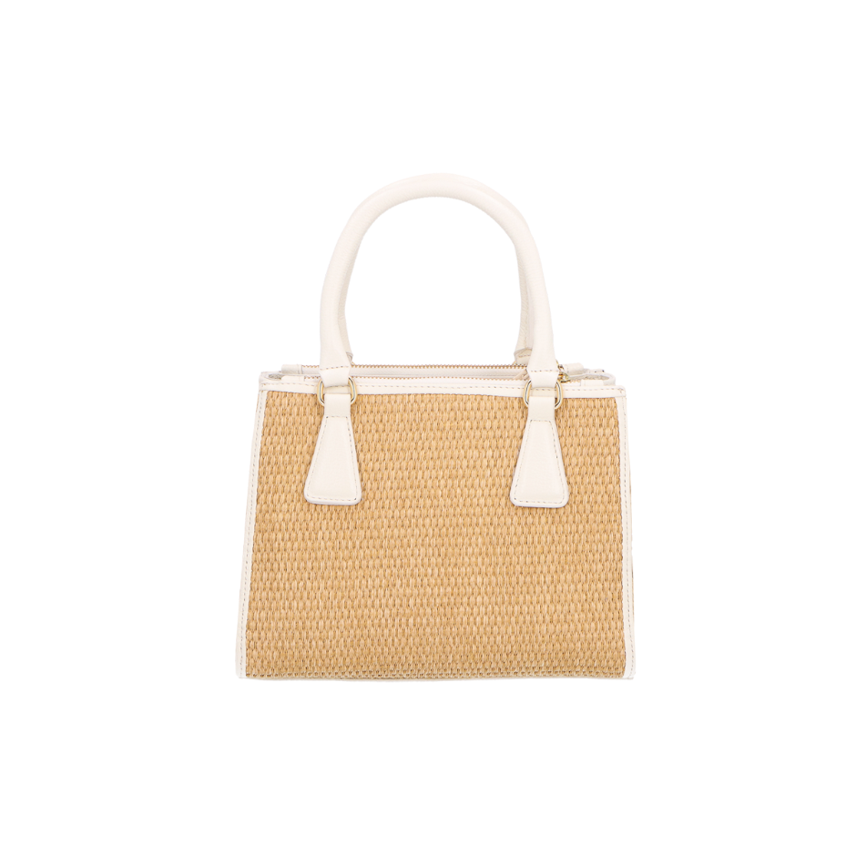 BOLSA MÉDIA EM COURO OFF WHITE E RÁFIA BORDADA